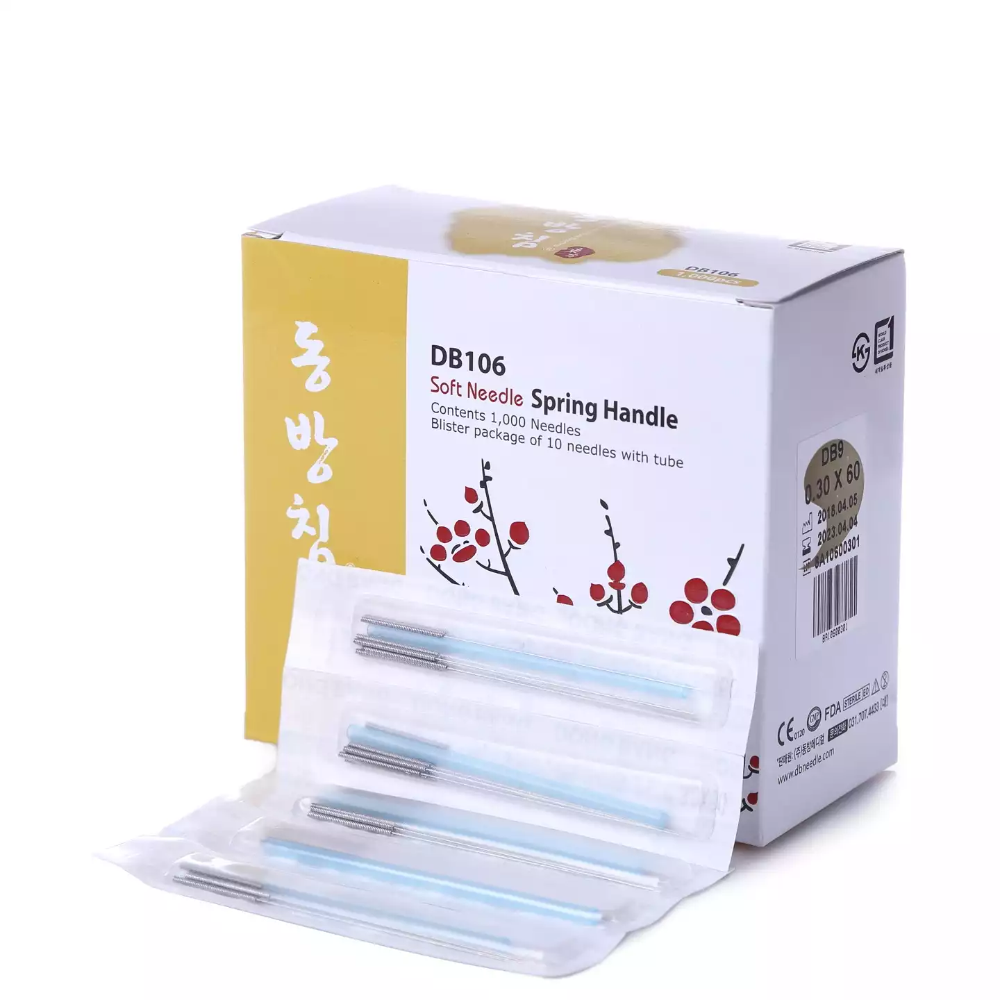 Игла акупунктурная стальная DB106, размер 0,30х60мм, с направителем и классической стальной пружинчатой рукояткой, 10шт - стерильный блистер, упаковка 1000шт