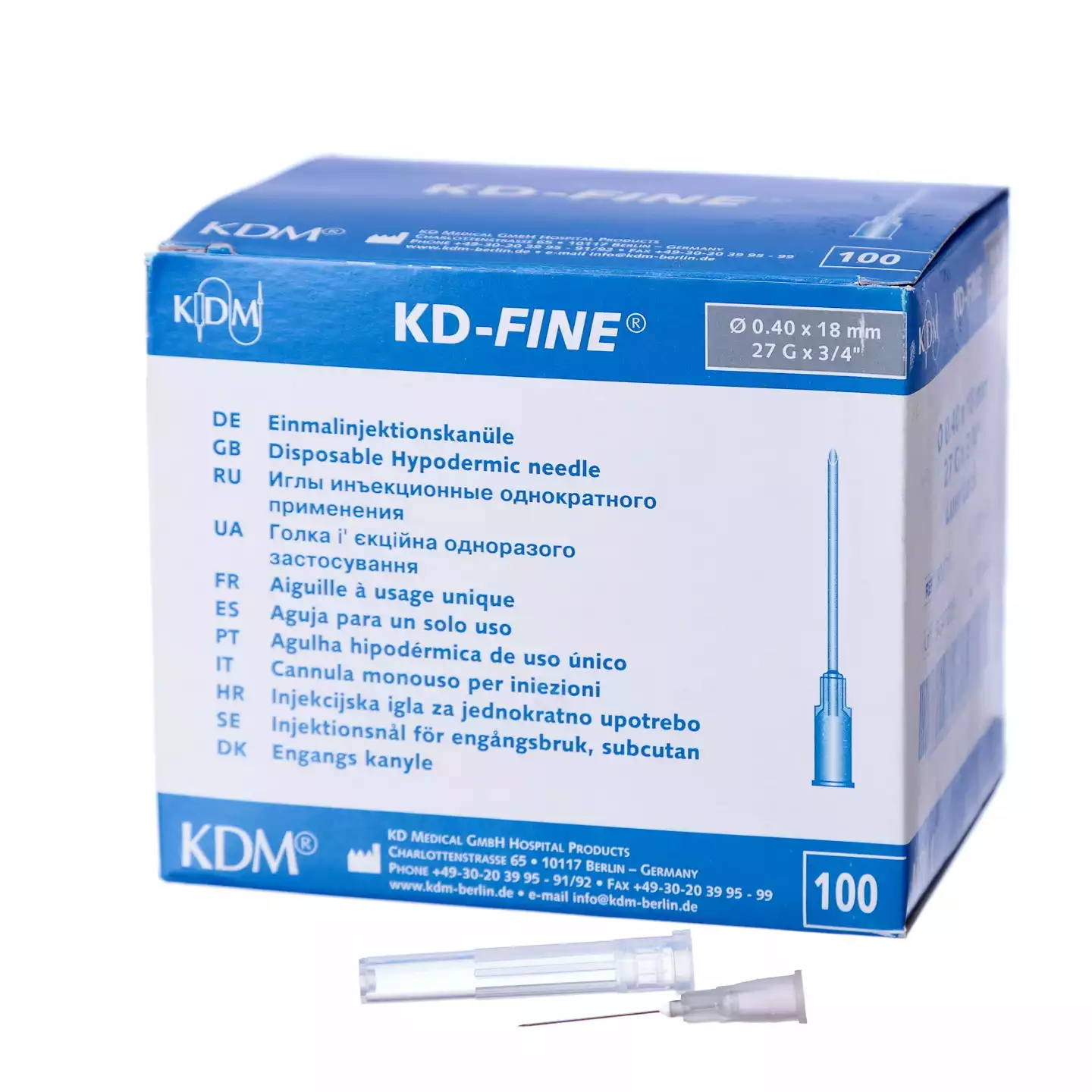 Игла инъекционная стерильная 27G (0,4х18мм) KD-Fine, подходит для соединений Luer Slip/Luer Lock, светло-серая