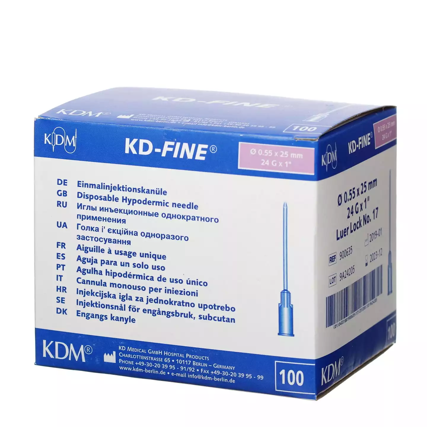 Игла инъекционная стерильная 24G (0,55*25мм) KD-Fine, подходит для соединений Luer Slip/Luer Lock, фиолетовая