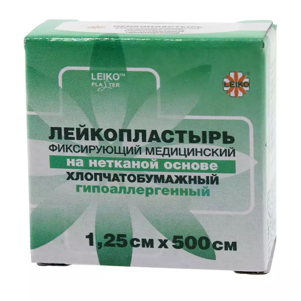 Лейкопластырь LEIKO, на нетканой хлопчатобумажной основе,фиксирующий, размер 1,25см*500см, гипоаллергенный, катушка в картонной коробке