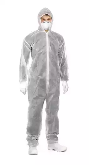 Комбинезон "Каспер" защитный, размер 52-54. с капюшоном,рукава на резинке, застежка-молния/планка, БЕЗ бахил, спанбонд 40г/м2, нестерильный (с РУ), белый/синий