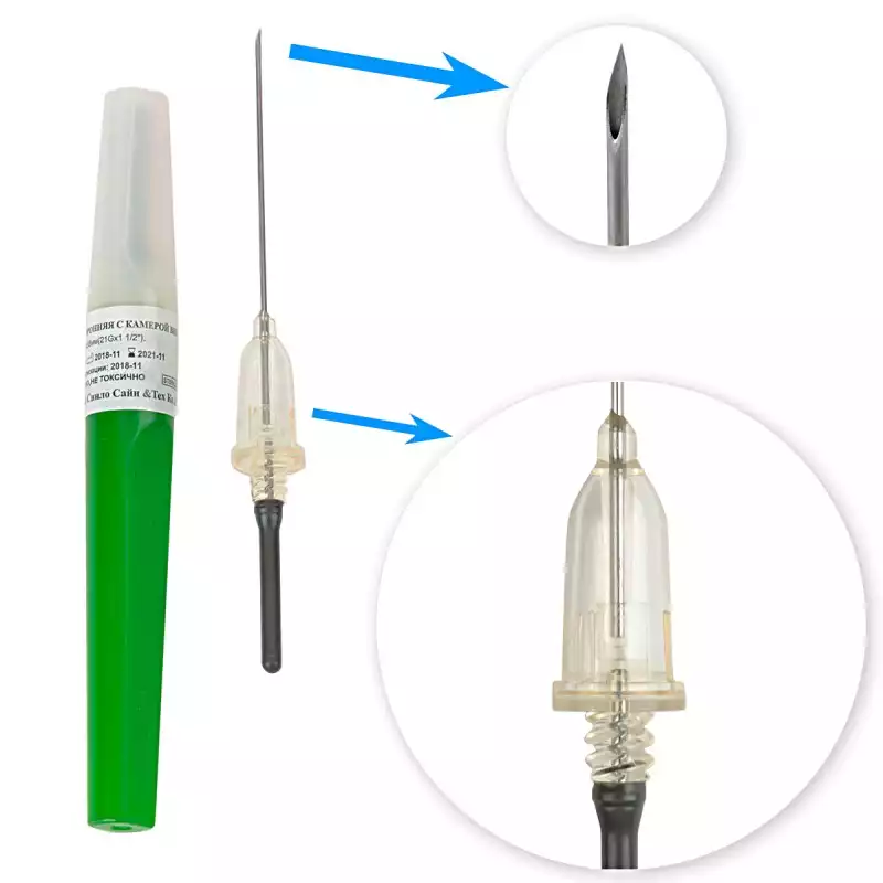 Игла 2-сторонняя 21G*1, 1/2, 0,8*38мм, цвет зелёный, с визуальной камерой