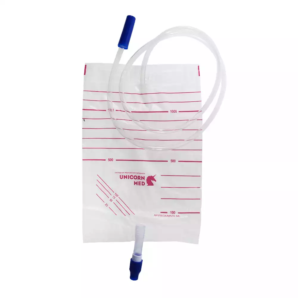 Мочеприемник объемом на 1000мл, с устройством для прикроватного крепления,с прямым сливом содержимого, стерильный