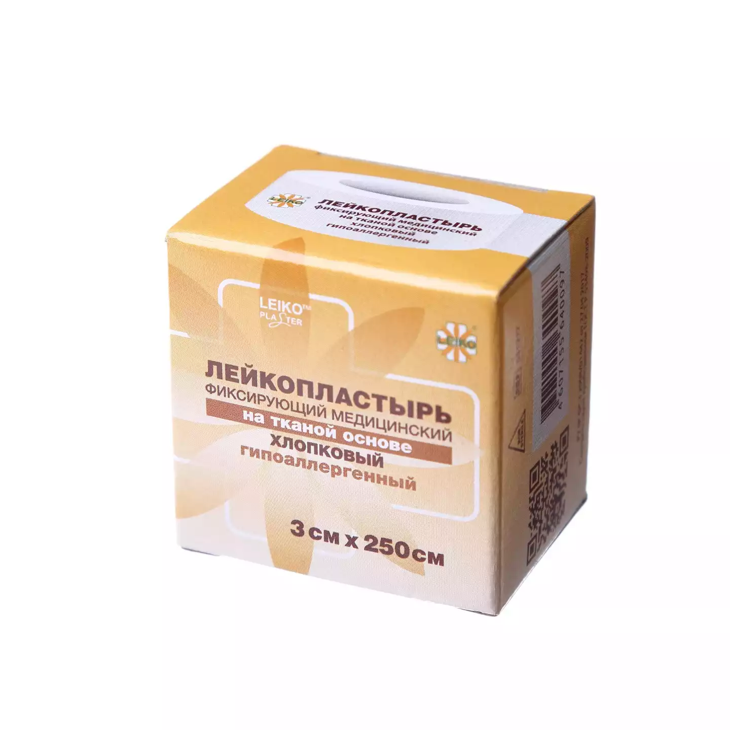 Лейкопластырь LEIKO, на тканевой хлопковой основе, размер 3см*250см, гипоаллергенный, катушка в картонной коробке