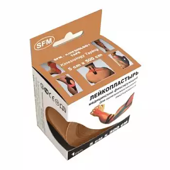 Тейп хлопковый кинезио SFM, размер 5см*5м, цвет бежевый, в диспенсере
