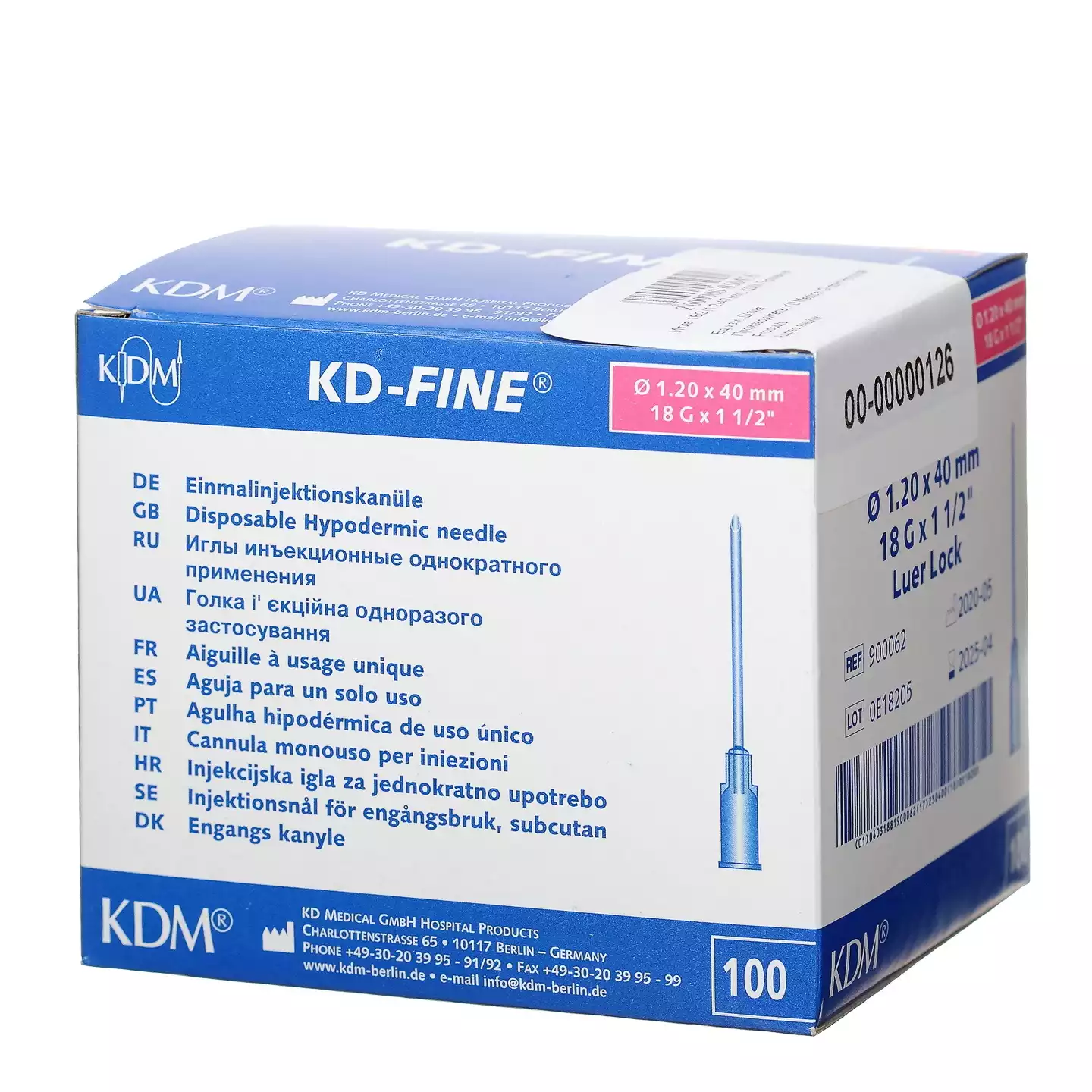 Игла инъекционная стерильная 18G (1,2х40мм) KD-Fine, подходит для соединений Luer Slip/Luer Lock, розовая