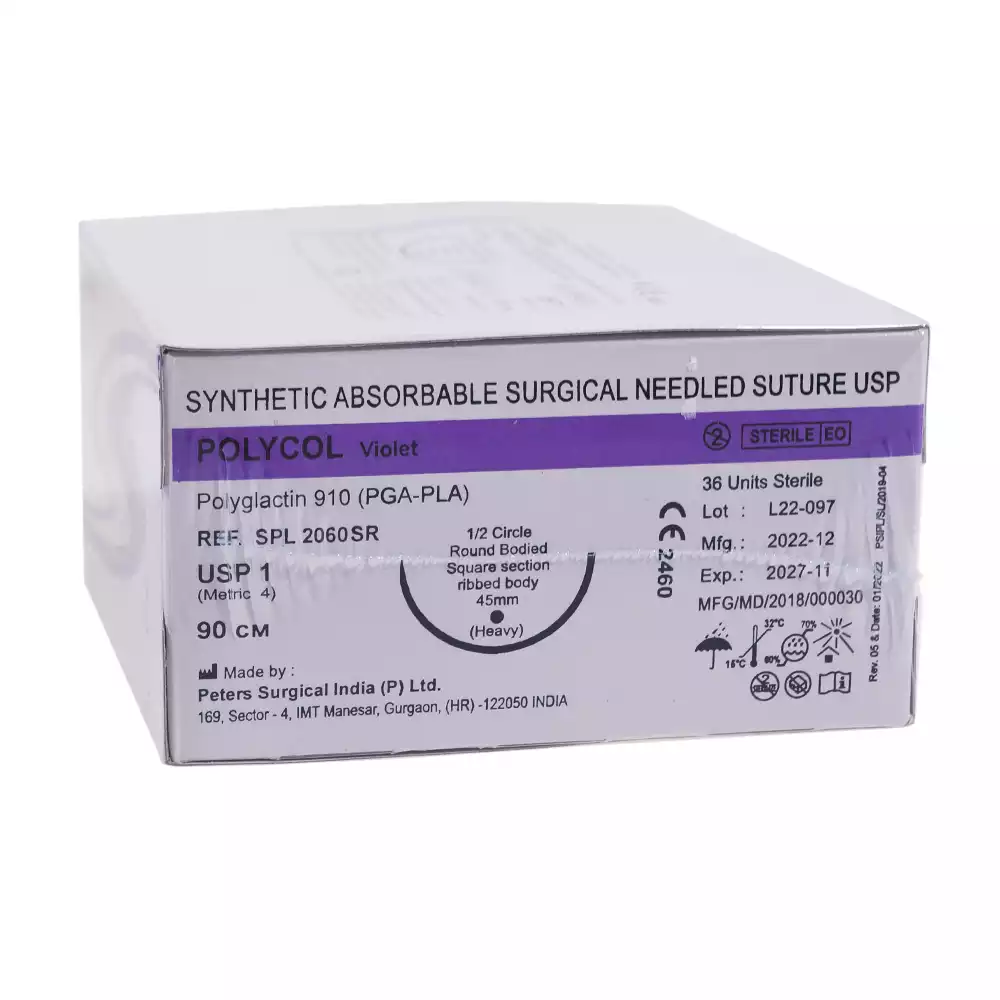 Поликол USP 1-0 (МР4), длина нити 90 см, игла круглая колющая тяжелая  с продольными насечками 45 мм, изгиб 1/2 окружности, упаковка 36 шт