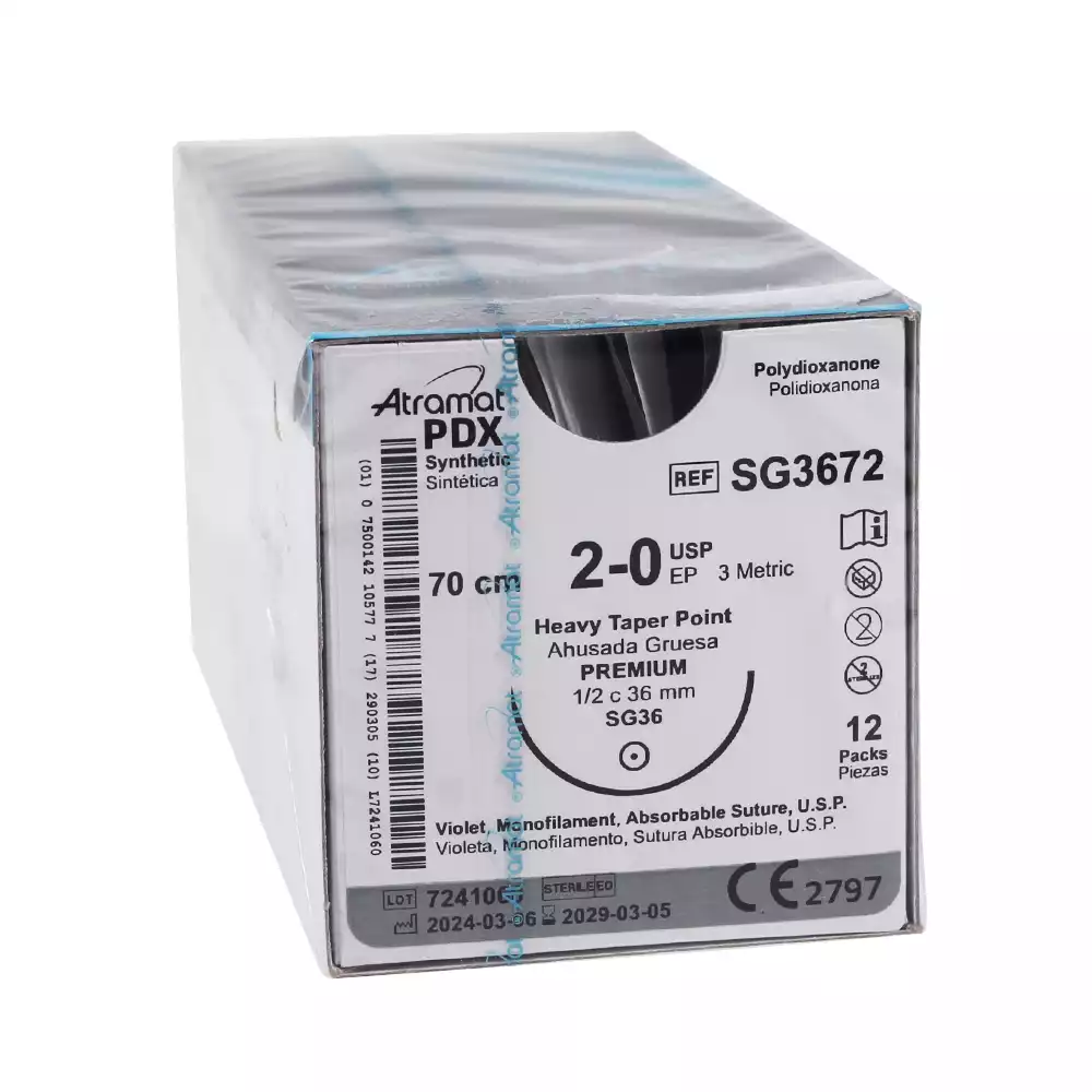 Атрамат Полидиоксанон PDX USP 2/0 (МР3), длина 70см, игла колющая премиум,1/2 окружности 36мм, фиолетовый, упаковка 12шт, SG3672