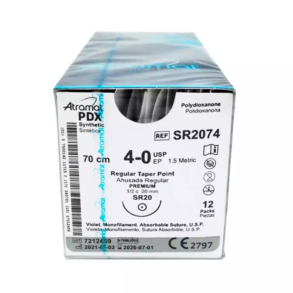Атрамат Полидиоксанон PDX USP 4/0 (МР1,5), длина 70см, игла колющая премиум,1/2 окружности 20мм, фиолетовый, упаковка 12шт, SR2074