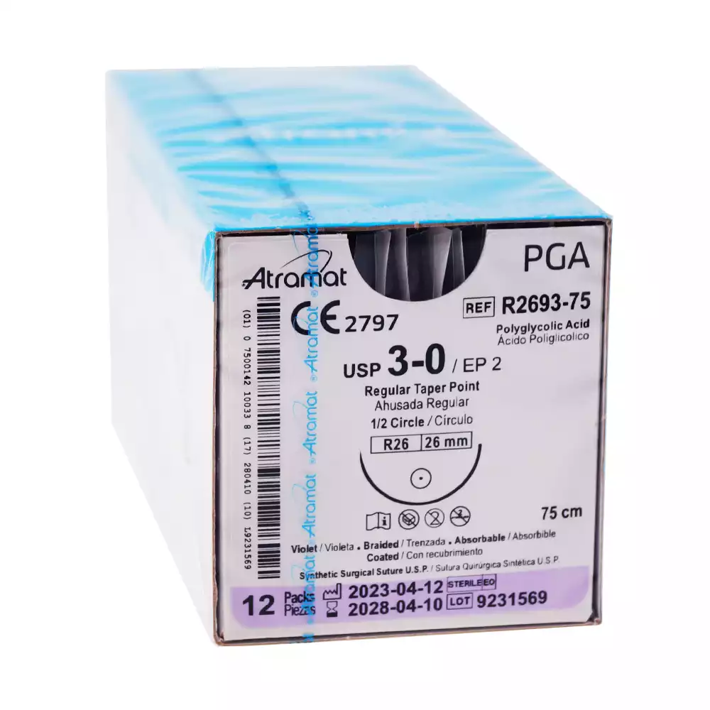 Атрамат (ATRAMAT PGA) EP2 (3/0), длина 75см, игла колющая, 1/2 окружности 26мм, фиолетовый, упаковка 12шт, R2693-75 (аналог Викрил W9120)