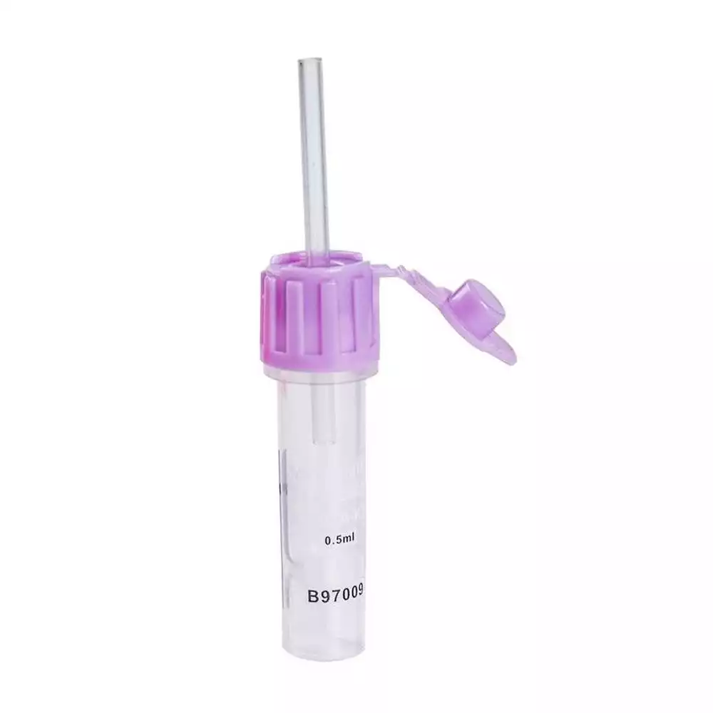 Пробирка невакуумная для капиллярной крови стерильная с ЭДТА-К3 0,5мл, размер 10*45мм, с капилляром, цвет резиновой крышки фиолетовый, 100 штук в штативе